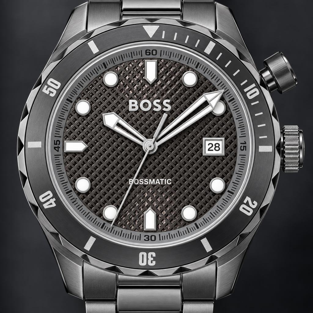 BOSS Bossmatic 1514213 gray textured dial and bezel macro