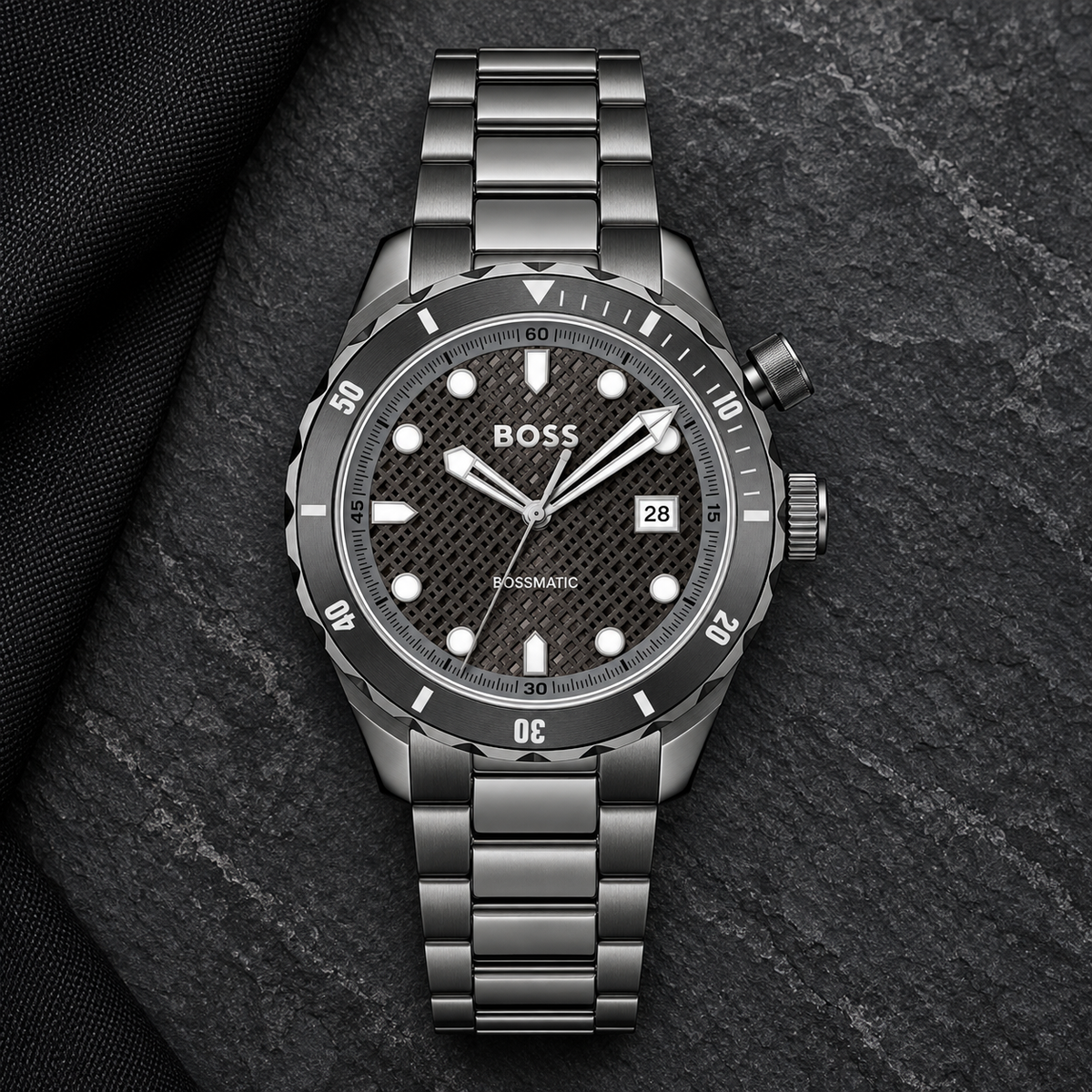 BOSS Bossmatic 1514213 anthracite steel watch flat lay