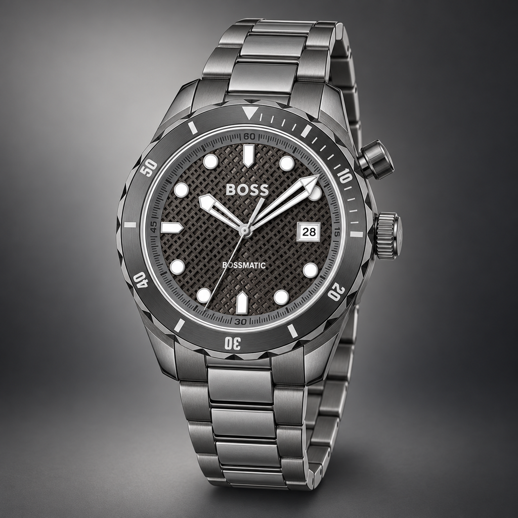 BOSS Bossmatic 1514213 anthracite steel watch three-quarter view