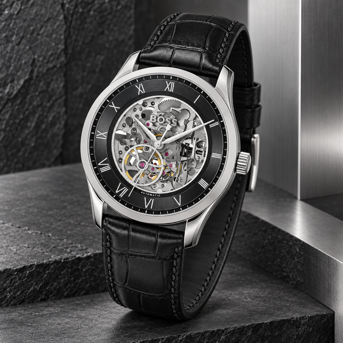 BOSS Principle Skeleton Men's Automatic Watch – Black Skeleton Dial, Silver Case & Black Leather Strap, 41mm – 1514234 – image 2