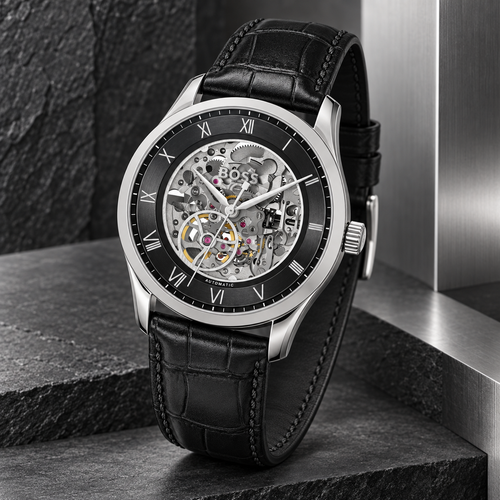 BOSS Principle Skeleton Men's Automatic Watch – Black Skeleton Dial, Silver Case & Black Leather Strap, 41mm – 1514234 – image 2