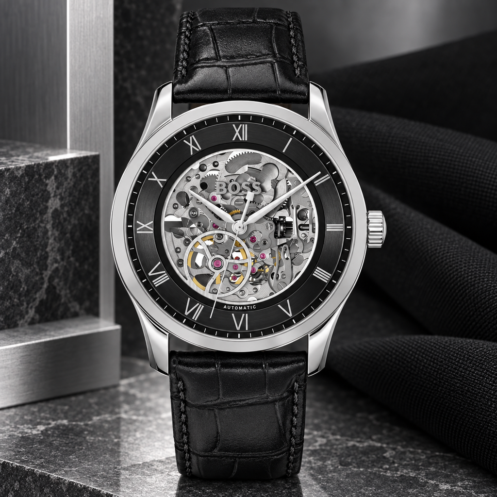 BOSS Principle Skeleton Men's Automatic Watch – Black Skeleton Dial, Silver Case & Black Leather Strap, 41mm – 1514234 – image 3
