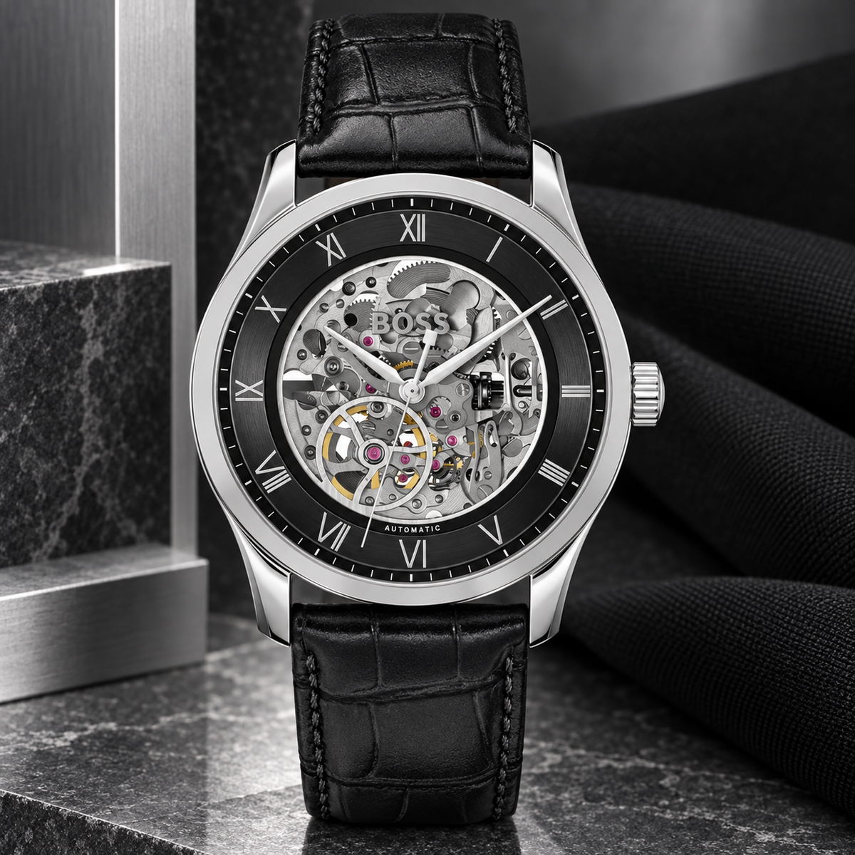 BOSS Principle Skeleton Men's Automatic Watch – Black Skeleton Dial, Silver Case & Black Leather Strap, 41mm – 1514234 – image 3