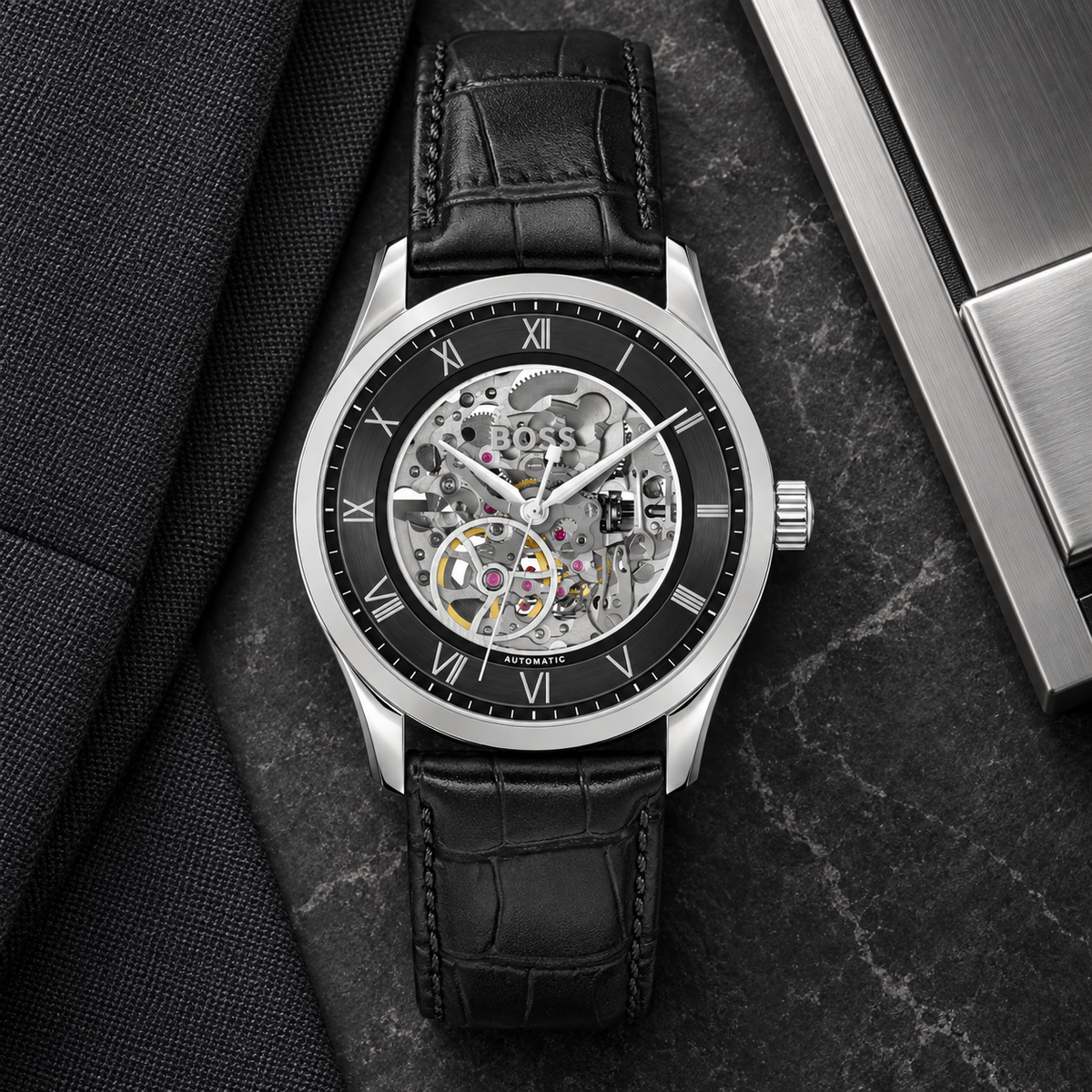 BOSS Principle Skeleton Men's Automatic Watch – Black Skeleton Dial, Silver Case & Black Leather Strap, 41mm – 1514234 – image 4