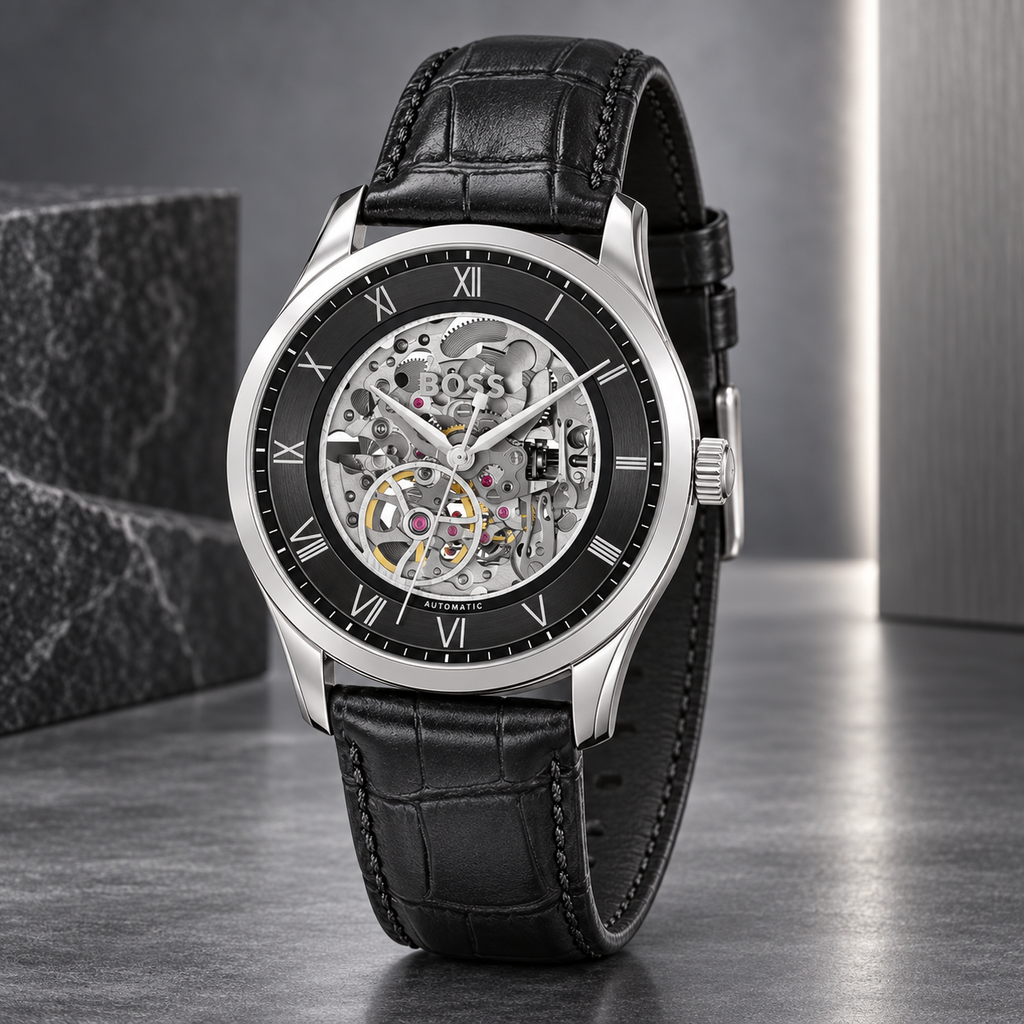 BOSS Principle Skeleton Men's Automatic Watch – Black Skeleton Dial, Silver Case & Black Leather Strap, 41mm – 1514234 – image 5