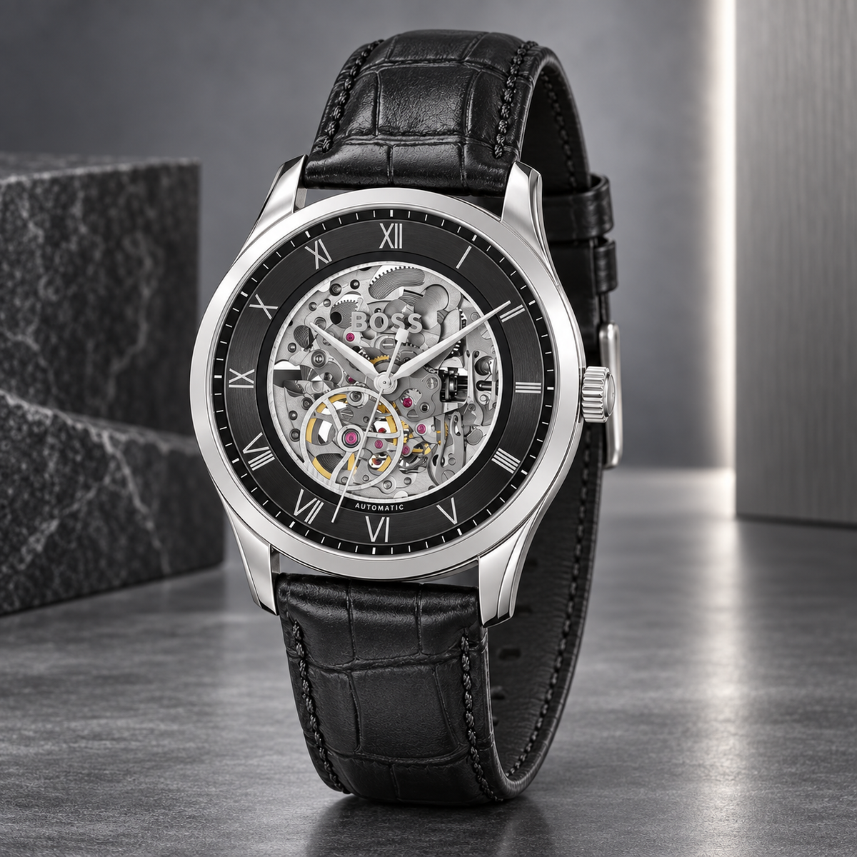 BOSS Principle Skeleton Men's Automatic Watch – Black Skeleton Dial, Silver Case & Black Leather Strap, 41mm – 1514234 – image 5