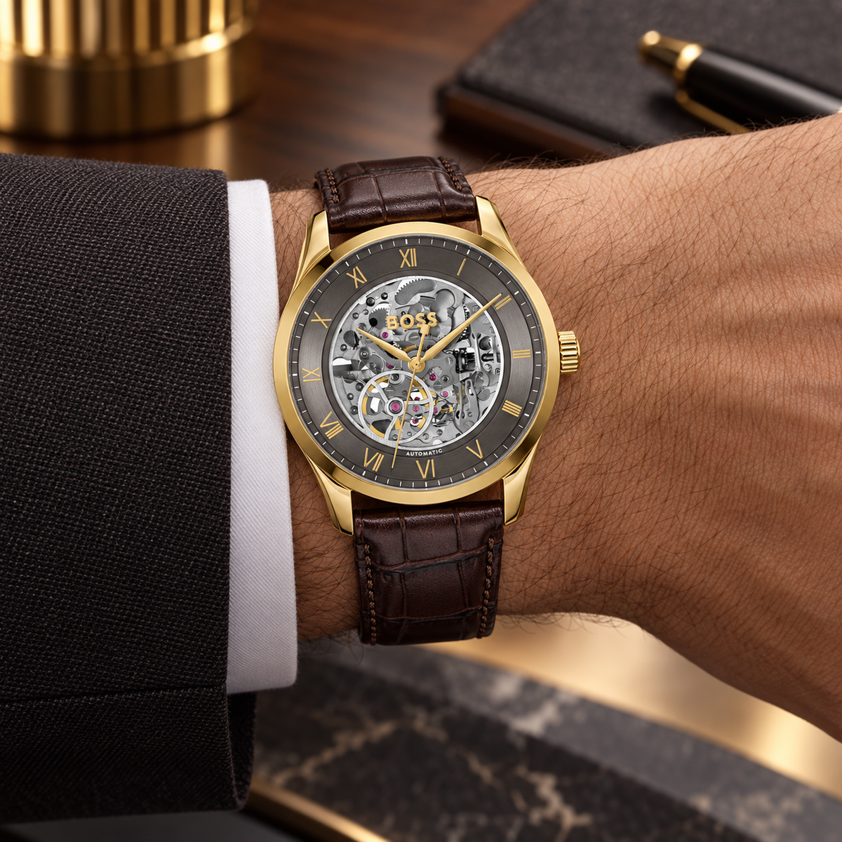 BOSS Principle Skeleton Men's Automatic Watch – Gray Skeleton Dial, Gold-Tone Case & Brown Leather Strap, 41mm – 1514235 – image 1