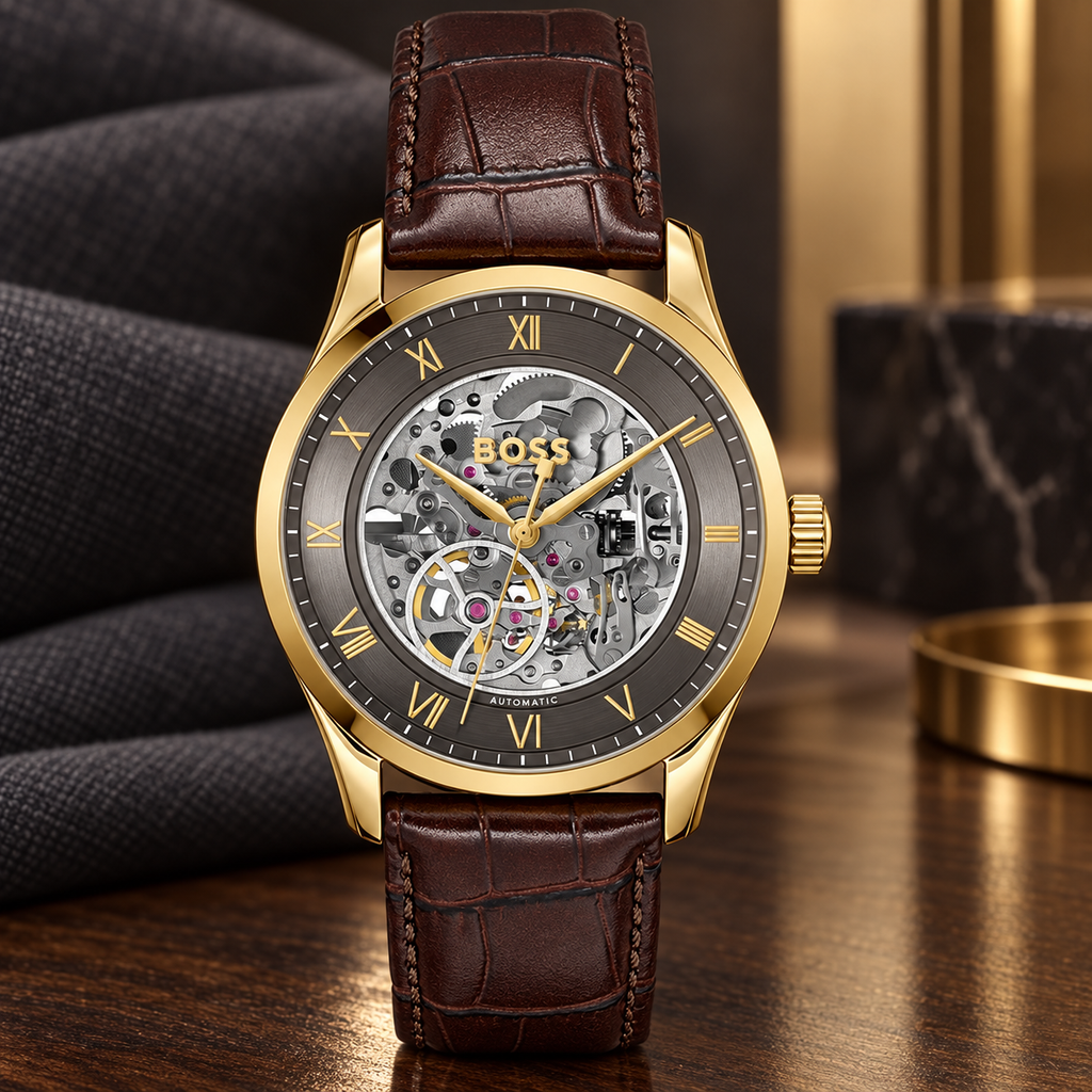 BOSS Principle Skeleton Men's Automatic Watch – Gray Skeleton Dial, Gold-Tone Case & Brown Leather Strap, 41mm – 1514235 – image 3