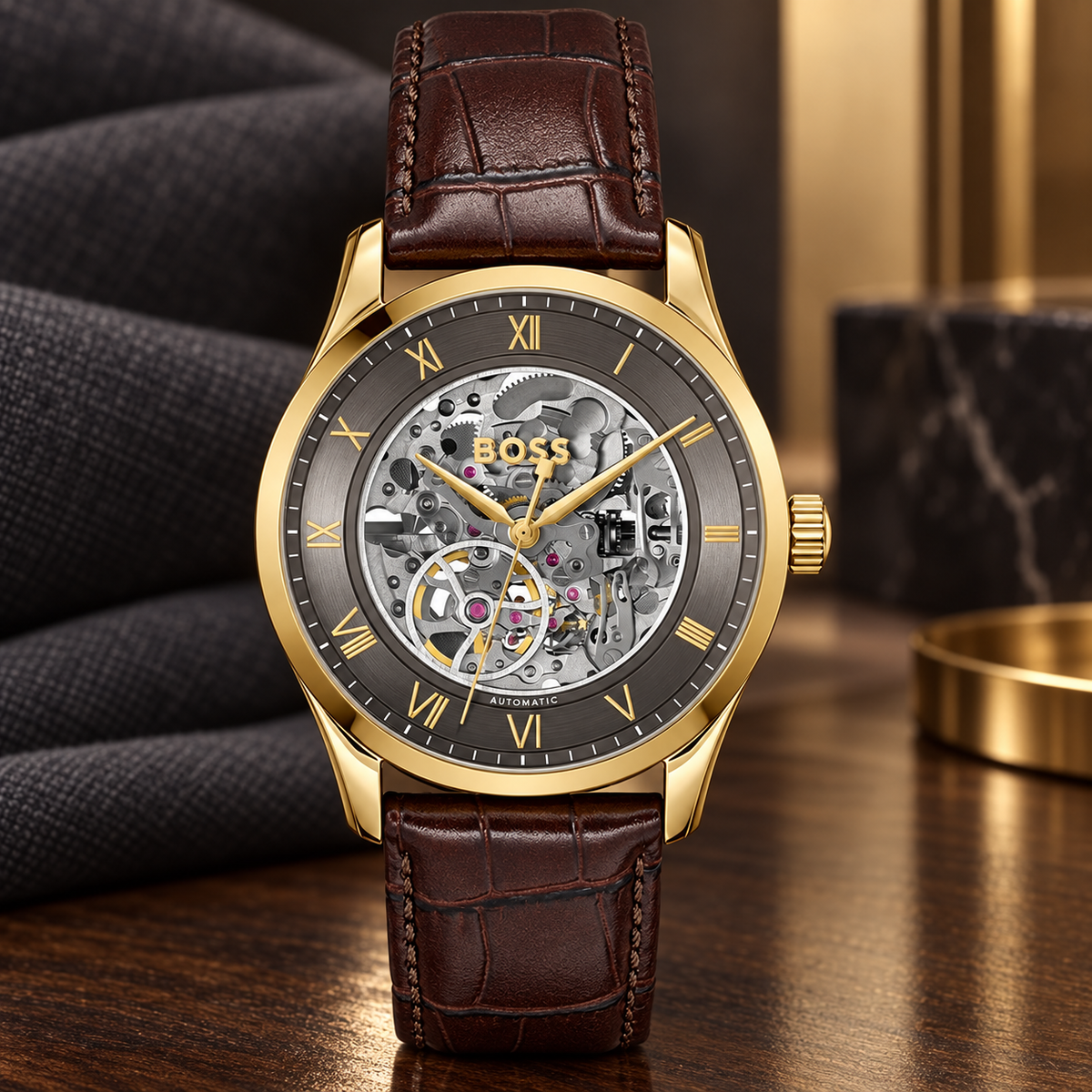 BOSS Principle Skeleton Men's Automatic Watch – Gray Skeleton Dial, Gold-Tone Case & Brown Leather Strap, 41mm – 1514235 – image 3