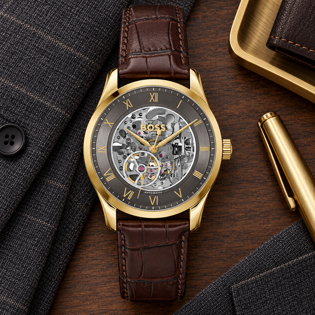 BOSS Principle Skeleton Men's Automatic Watch – Gray Skeleton Dial, Gold-Tone Case & Brown Leather Strap, 41mm – 1514235 – image 4