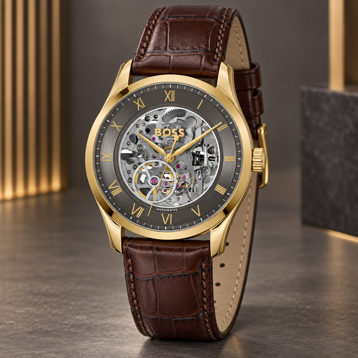 BOSS Principle Skeleton Men's Automatic Watch – Gray Skeleton Dial, Gold-Tone Case & Brown Leather Strap, 41mm – 1514235 – image 5