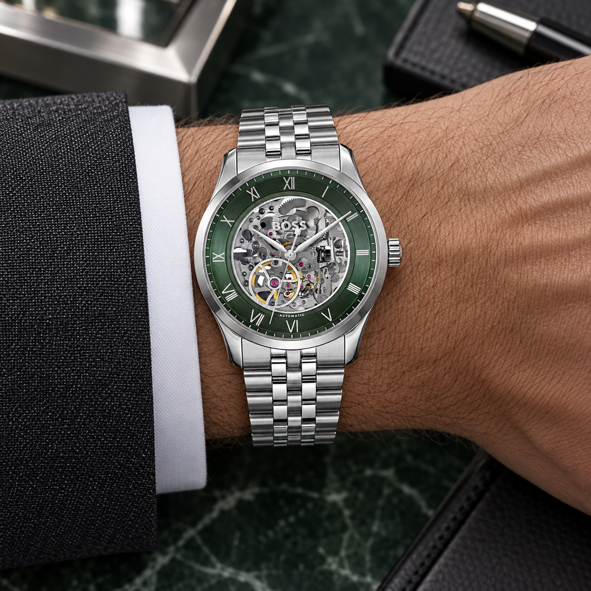 BOSS Principle Skeleton Men's Automatic Watch – Green Skeleton Dial, Silver Steel Bracelet, 41mm – 1514236 – image 1