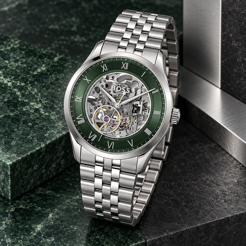 BOSS Principle Skeleton Men's Automatic Watch – Green Skeleton Dial, Silver Steel Bracelet, 41mm – 1514236 – image 2