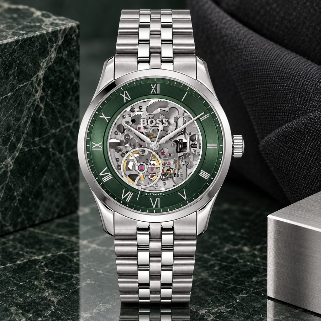 BOSS Principle Skeleton Men's Automatic Watch – Green Skeleton Dial, Silver Steel Bracelet, 41mm – 1514236 – image 3