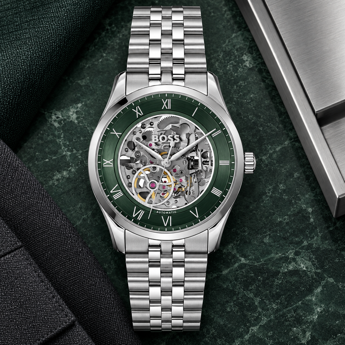 BOSS Principle Skeleton Men's Automatic Watch – Green Skeleton Dial, Silver Steel Bracelet, 41mm – 1514236 – image 4
