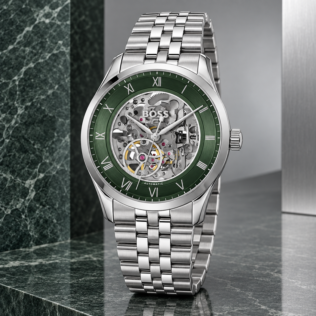 BOSS Principle Skeleton Men's Automatic Watch – Green Skeleton Dial, Silver Steel Bracelet, 41mm – 1514236 – image 5