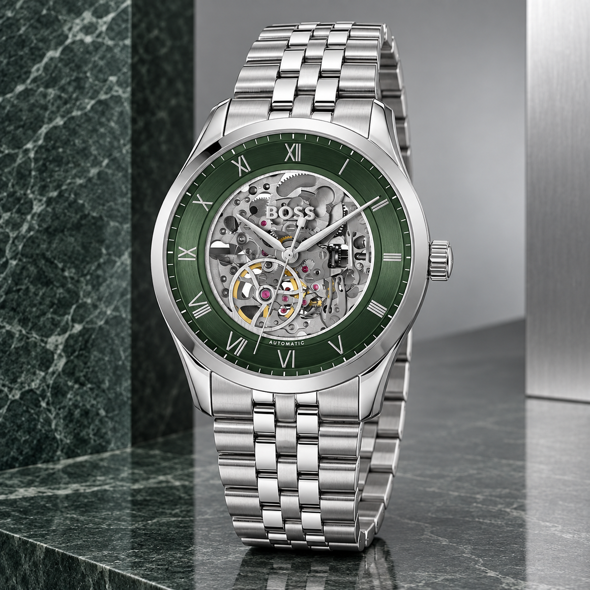 BOSS Principle Skeleton Men's Automatic Watch – Green Skeleton Dial, Silver Steel Bracelet, 41mm – 1514236 – image 5