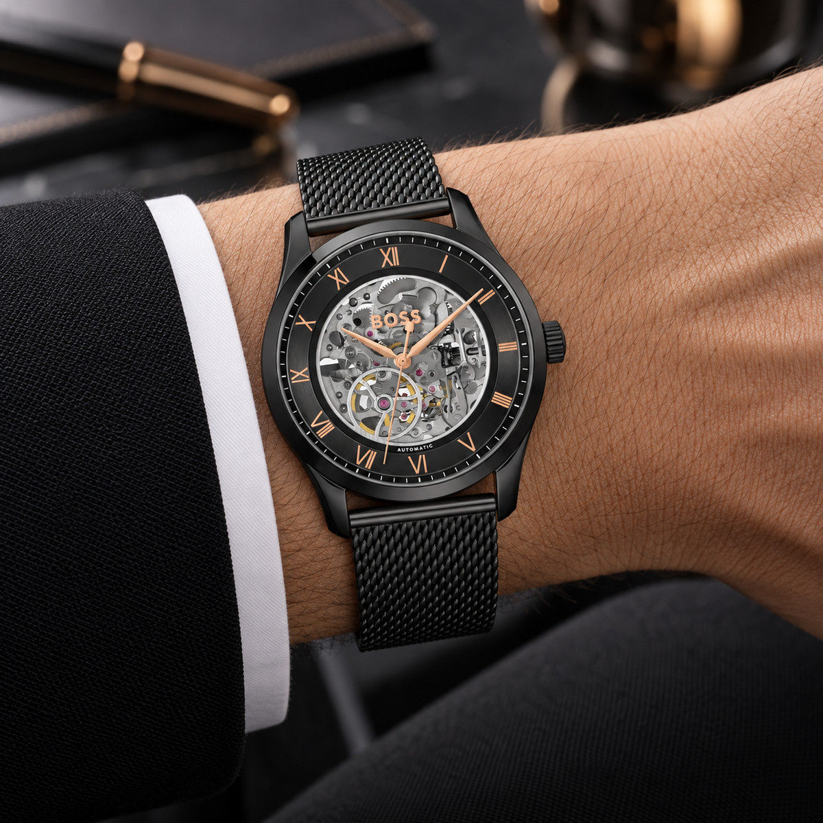 BOSS Principle Skeleton Men's Automatic Watch – Black Skeleton Dial, Black Mesh Steel Bracelet, 41mm – 1514255 – image 1