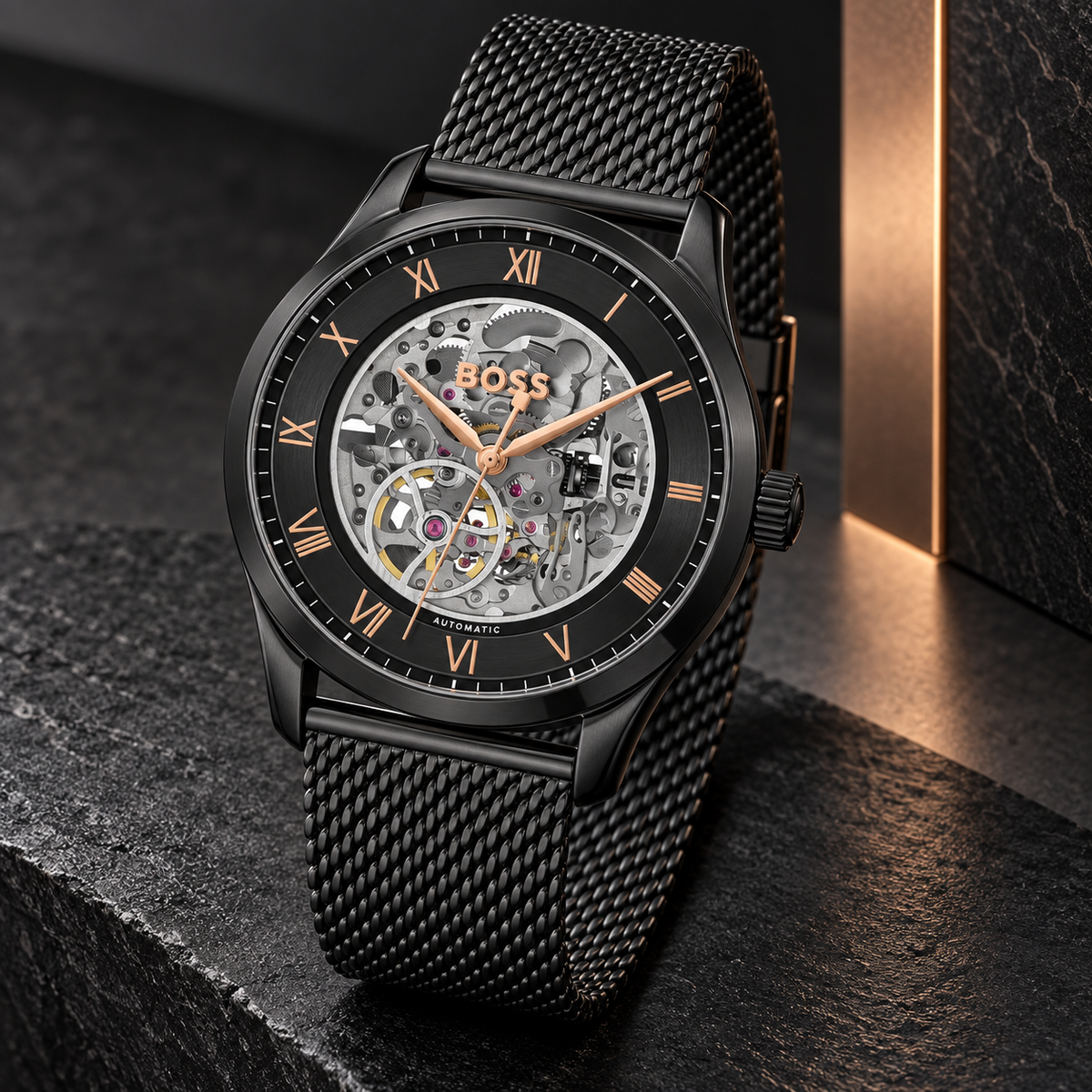 BOSS Principle Skeleton Men's Automatic Watch – Black Skeleton Dial, Black Mesh Steel Bracelet, 41mm – 1514255 – image 2