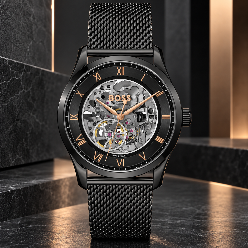 BOSS Principle Skeleton Men's Automatic Watch – Black Skeleton Dial, Black Mesh Steel Bracelet, 41mm – 1514255 – image 3