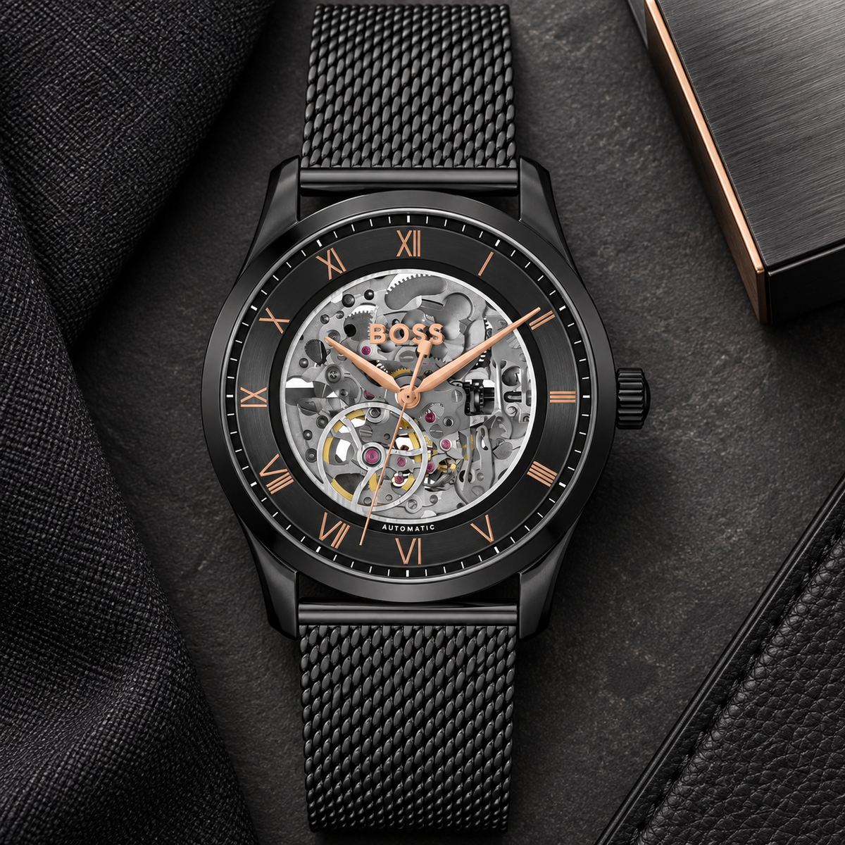 BOSS Principle Skeleton Men's Automatic Watch – Black Skeleton Dial, Black Mesh Steel Bracelet, 41mm – 1514255 – image 4