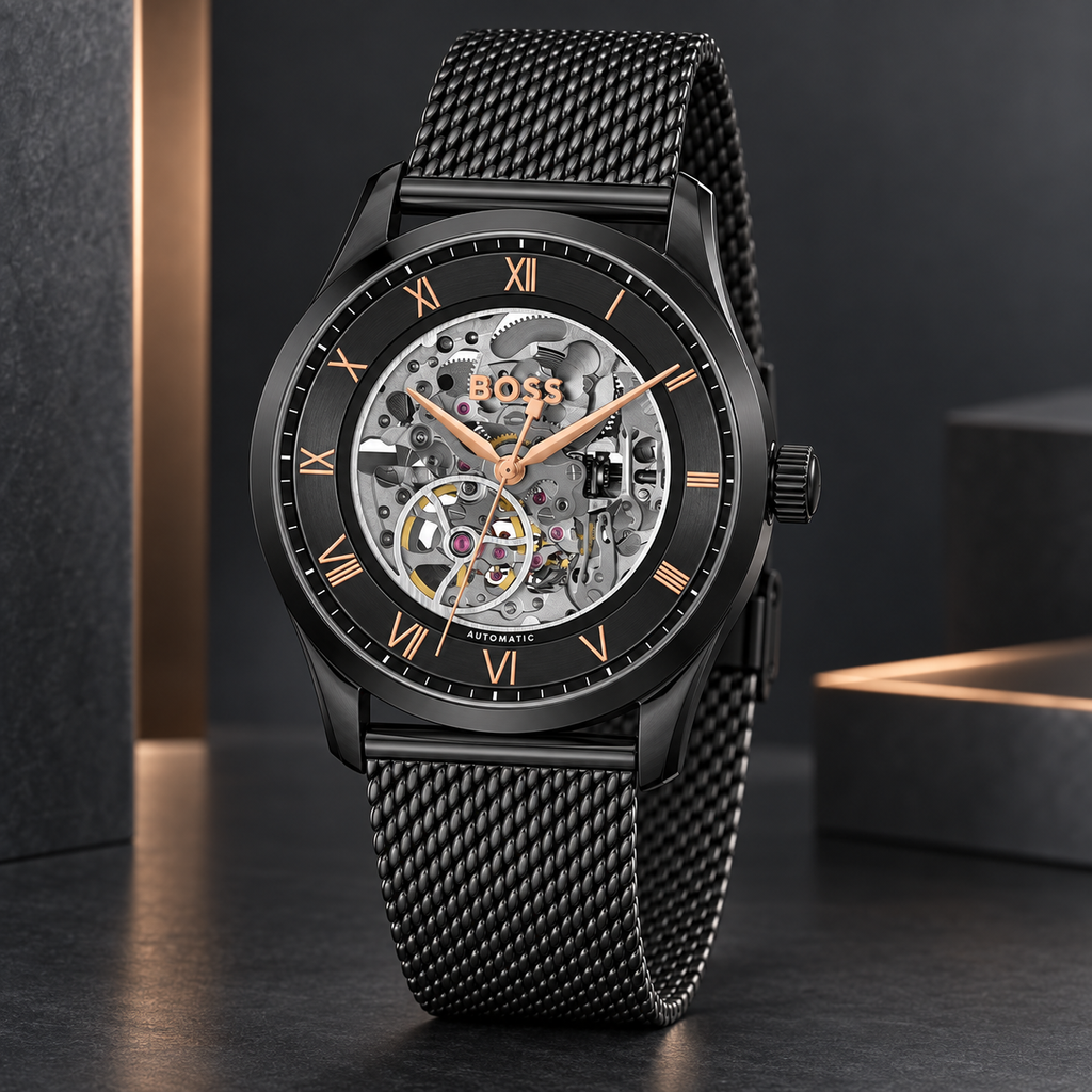 BOSS Principle Skeleton Men's Automatic Watch – Black Skeleton Dial, Black Mesh Steel Bracelet, 41mm – 1514255 – image 5