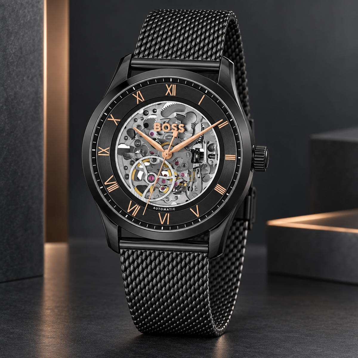 BOSS Principle Skeleton Men's Automatic Watch – Black Skeleton Dial, Black Mesh Steel Bracelet, 41mm – 1514255 – image 5
