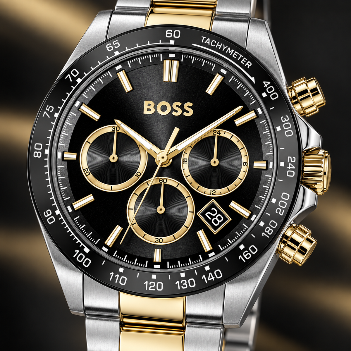 BOSS Hero 2.0 Men's Chronograph Watch black chronograph dial and tachymeter macro