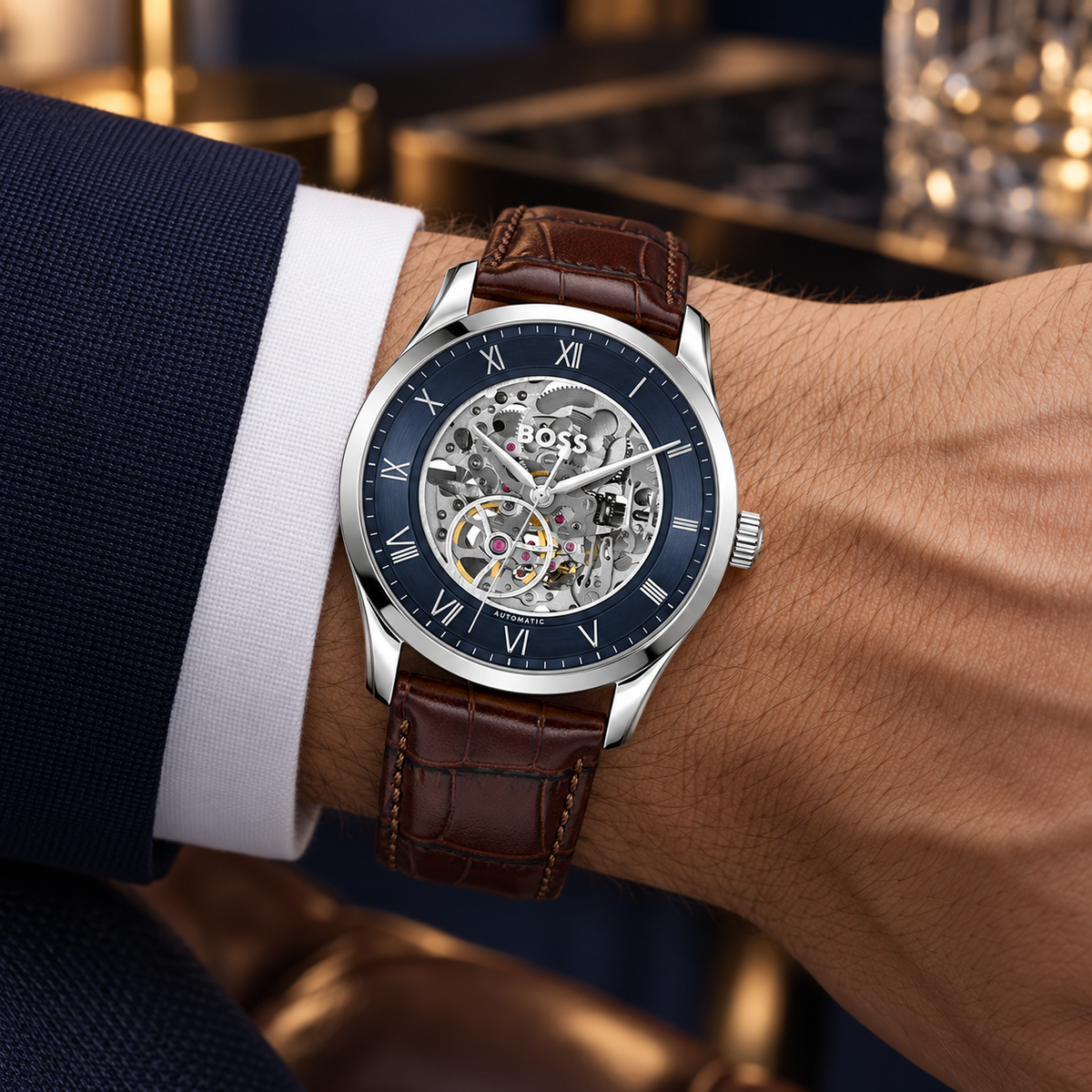 BOSS Principle Skeleton Men's Automatic Watch worn on wrist