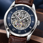 BOSS Principle Skeleton Men's Automatic Watch blue skeleton dial macro