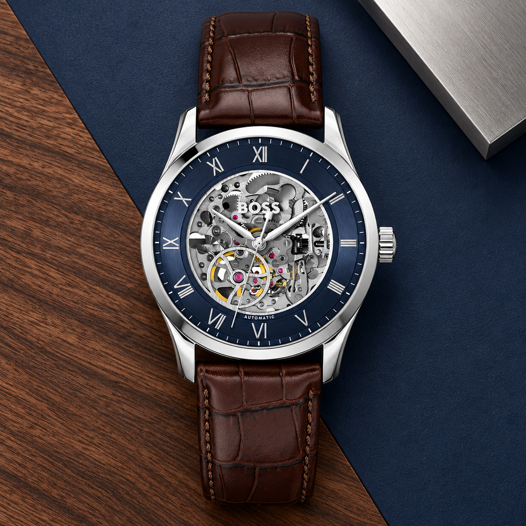 BOSS Principle Skeleton Men's Automatic Watch luxury flat-lay