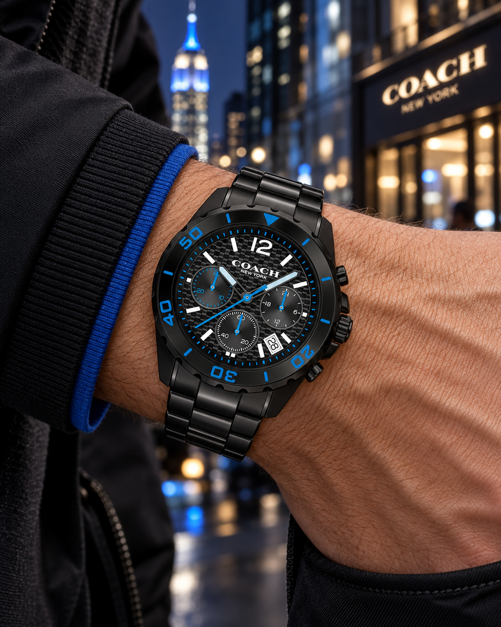 Coach Kent 14602562 black and electric-blue carbon-fiber chronograph on wrist