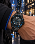 Coach Kent 14602562 black and electric-blue carbon-fiber chronograph on wrist