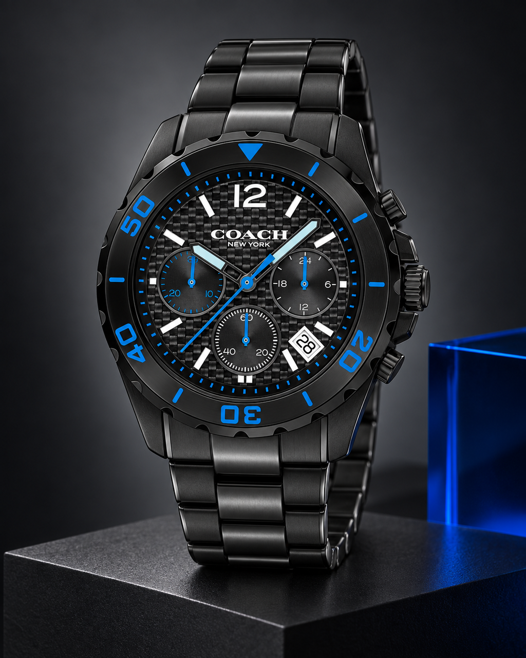 Coach Kent 14602562 black and electric-blue carbon-fiber chronograph studio hero