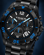 Coach Kent 14602562 black and electric-blue carbon-fiber chronograph dial macro detail