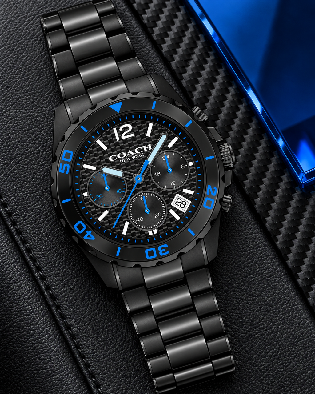 Coach Kent 14602562 black and electric-blue carbon-fiber chronograph luxury flat lay