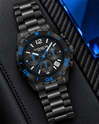 Coach Kent 14602562 black and electric-blue carbon-fiber chronograph luxury flat lay
