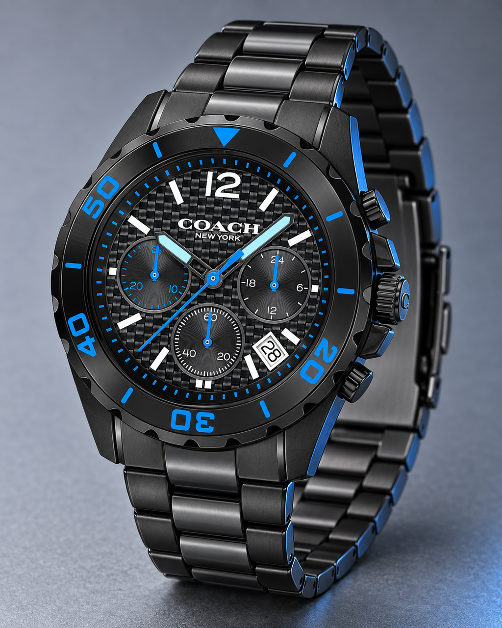 Coach Kent 14602562 black and electric-blue carbon-fiber chronograph three-quarter product profile