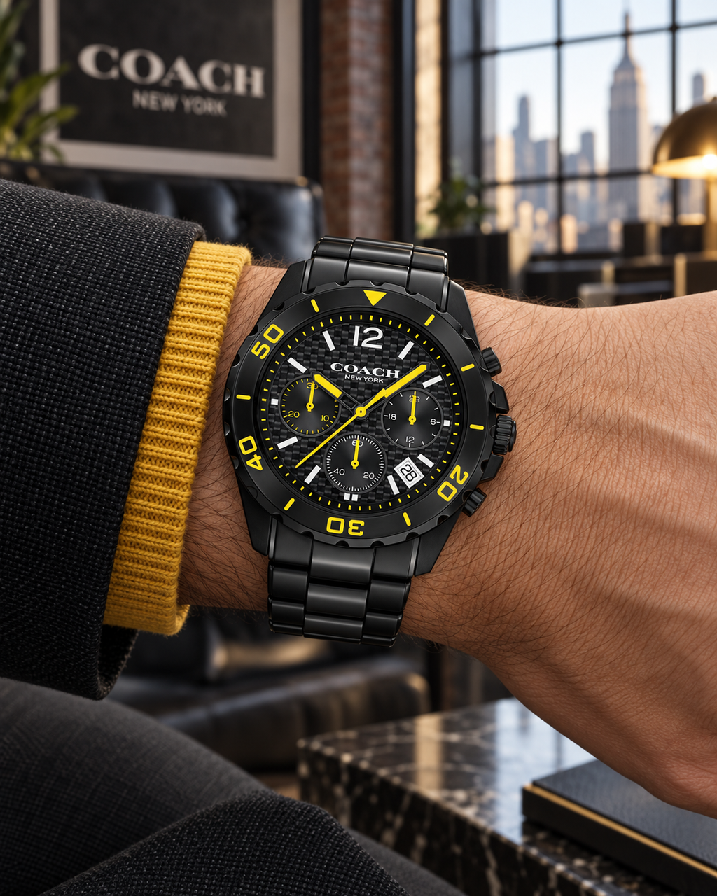 Coach Kent 14602563 black and yellow carbon-fiber chronograph on wrist