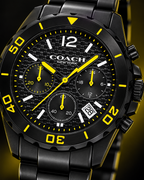 Coach Kent 14602563 black and yellow carbon-fiber chronograph dial macro detail