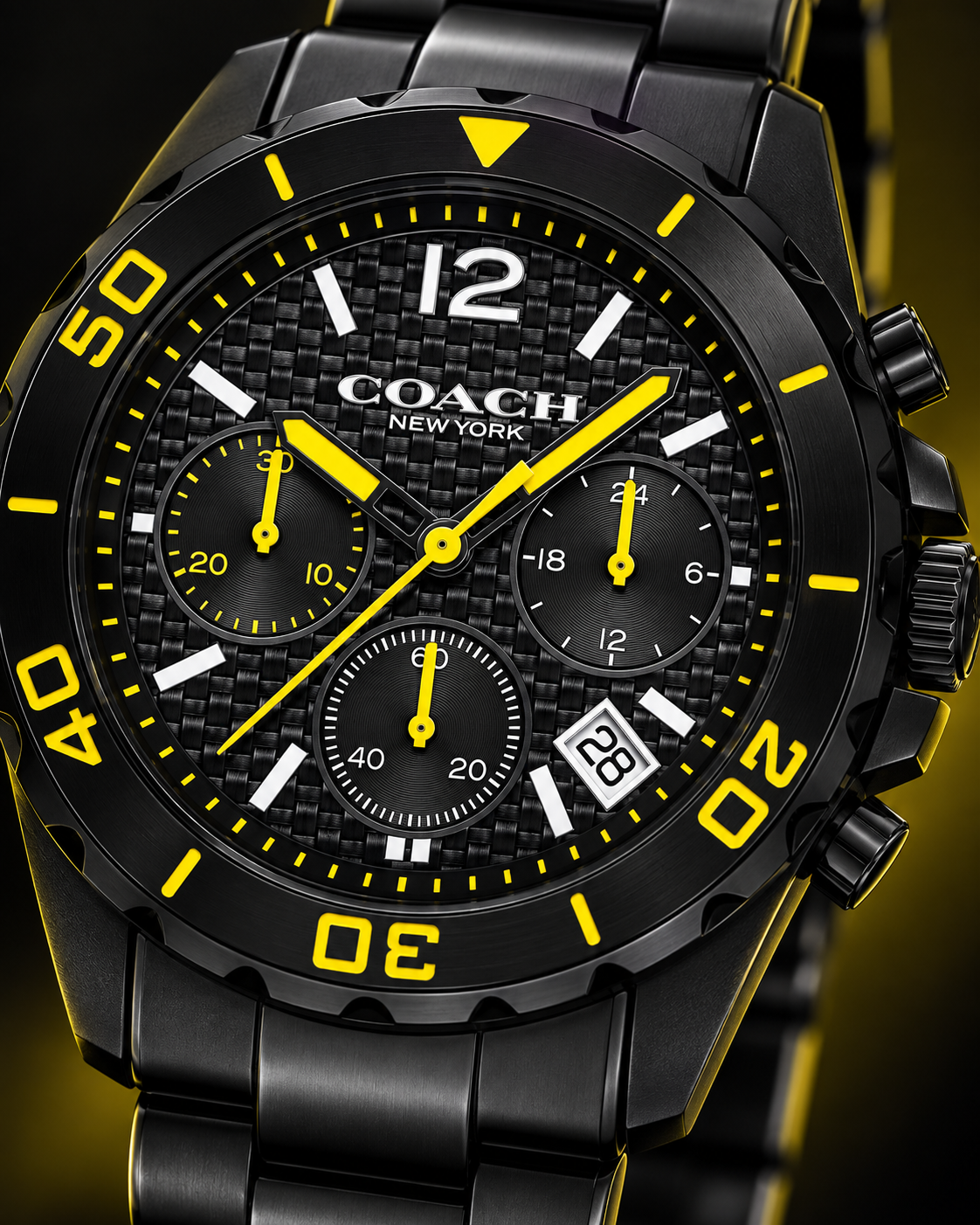 Coach Kent 14602563 black and yellow carbon-fiber chronograph dial macro detail