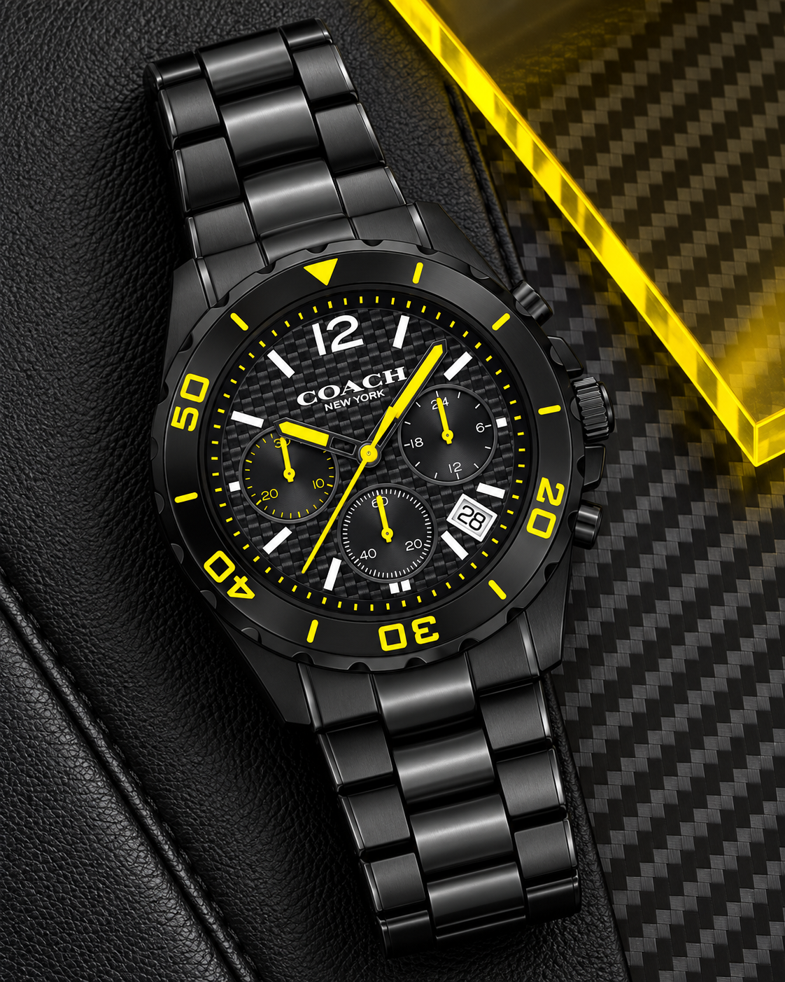 Coach Kent 14602563 black and yellow carbon-fiber chronograph luxury flat lay