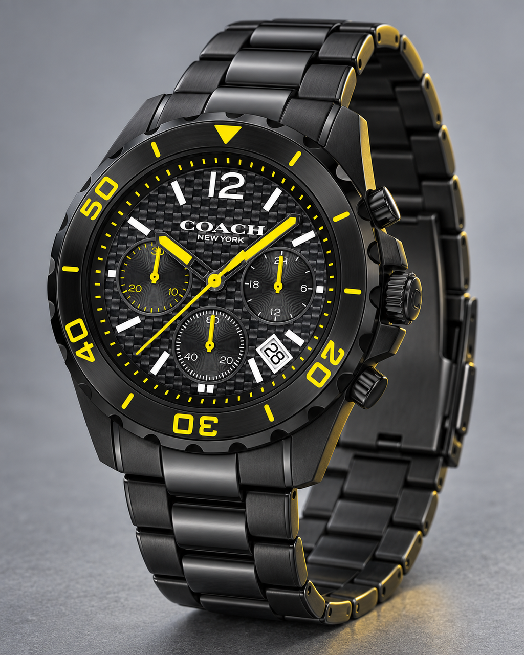 Coach Kent 14602563 black and yellow carbon-fiber chronograph three-quarter product profile