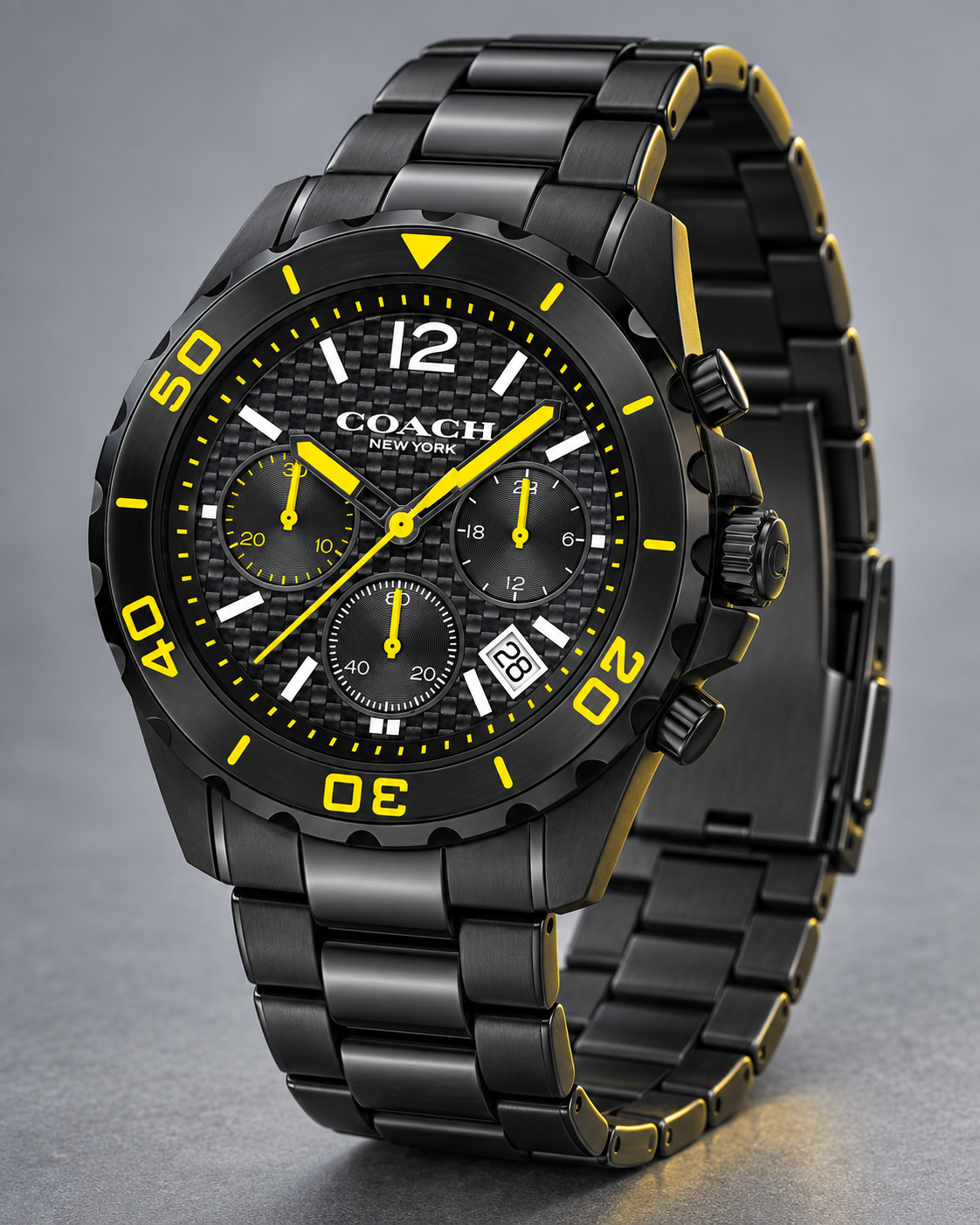 Coach Kent 14602563 black and yellow carbon-fiber chronograph three-quarter product profile