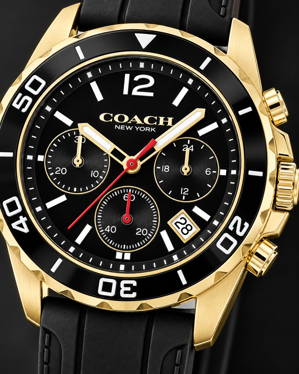Coach Kent 14602564 gold-tone and black silicone chronograph dial macro detail