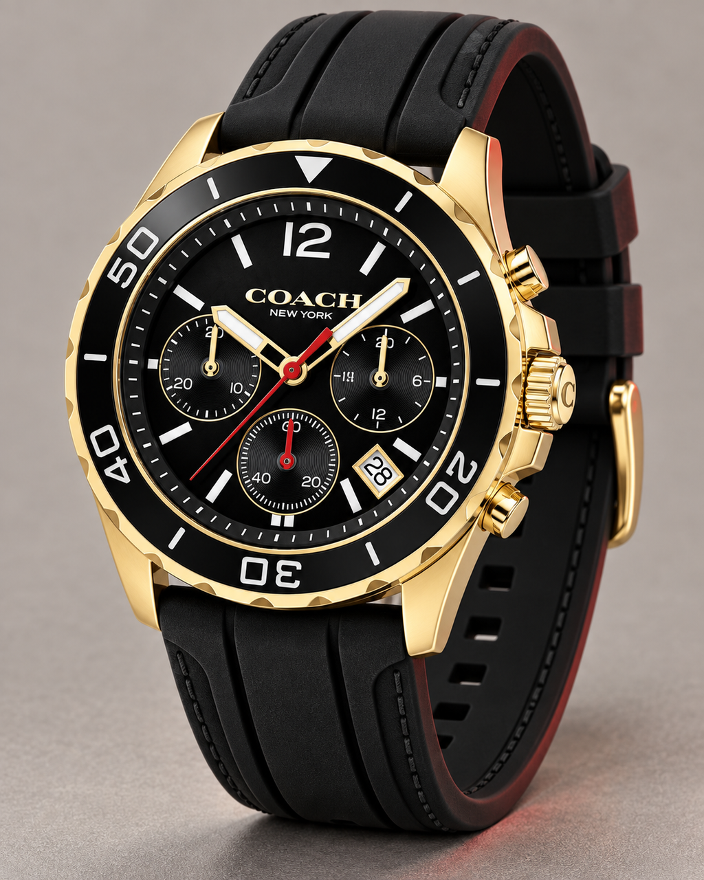 Coach Kent 14602564 gold-tone and black silicone chronograph three-quarter product profile