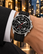 Coach Kent 14602565 silver-tone and black silicone chronograph on wrist