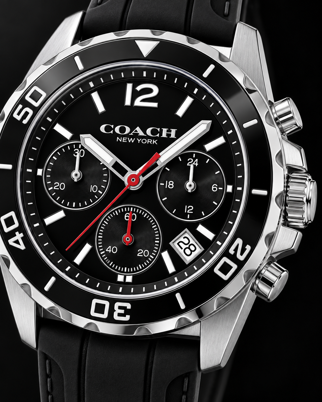 Coach Kent 14602565 silver-tone and black silicone chronograph dial macro detail
