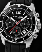 Coach Kent 14602565 silver-tone and black silicone chronograph dial macro detail