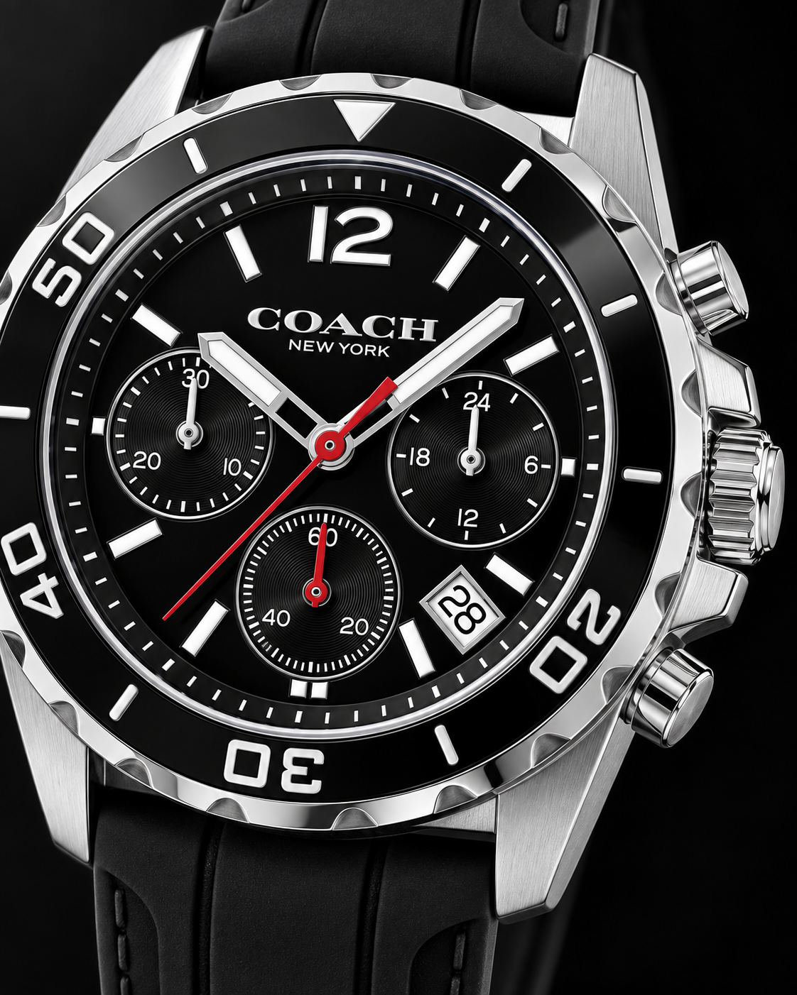 Coach Kent 14602565 silver-tone and black silicone chronograph dial macro detail